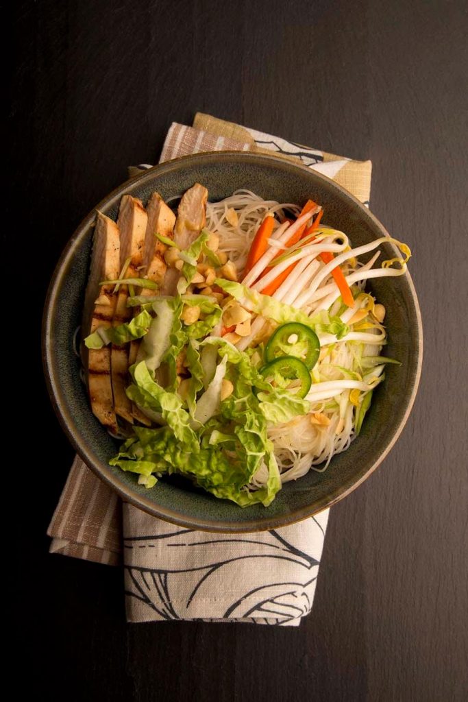 vietnamese style noodle salad with grilled chicken