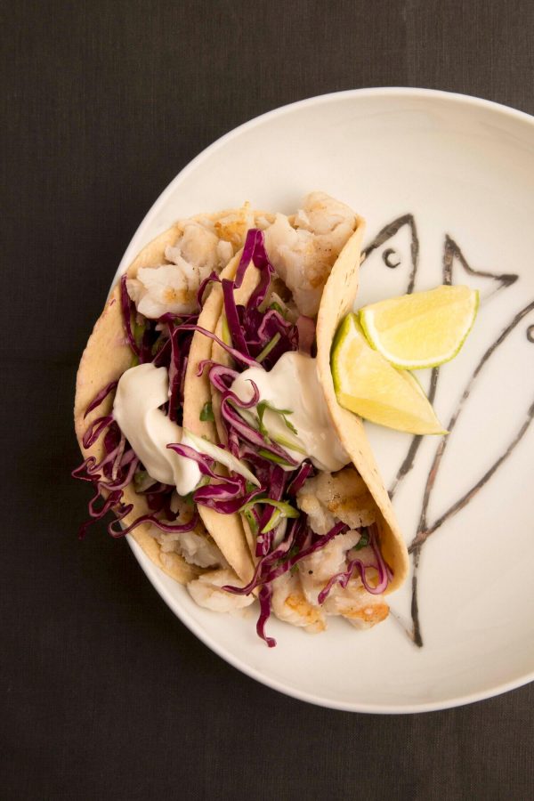 Fish tacos with red cabbage slaw