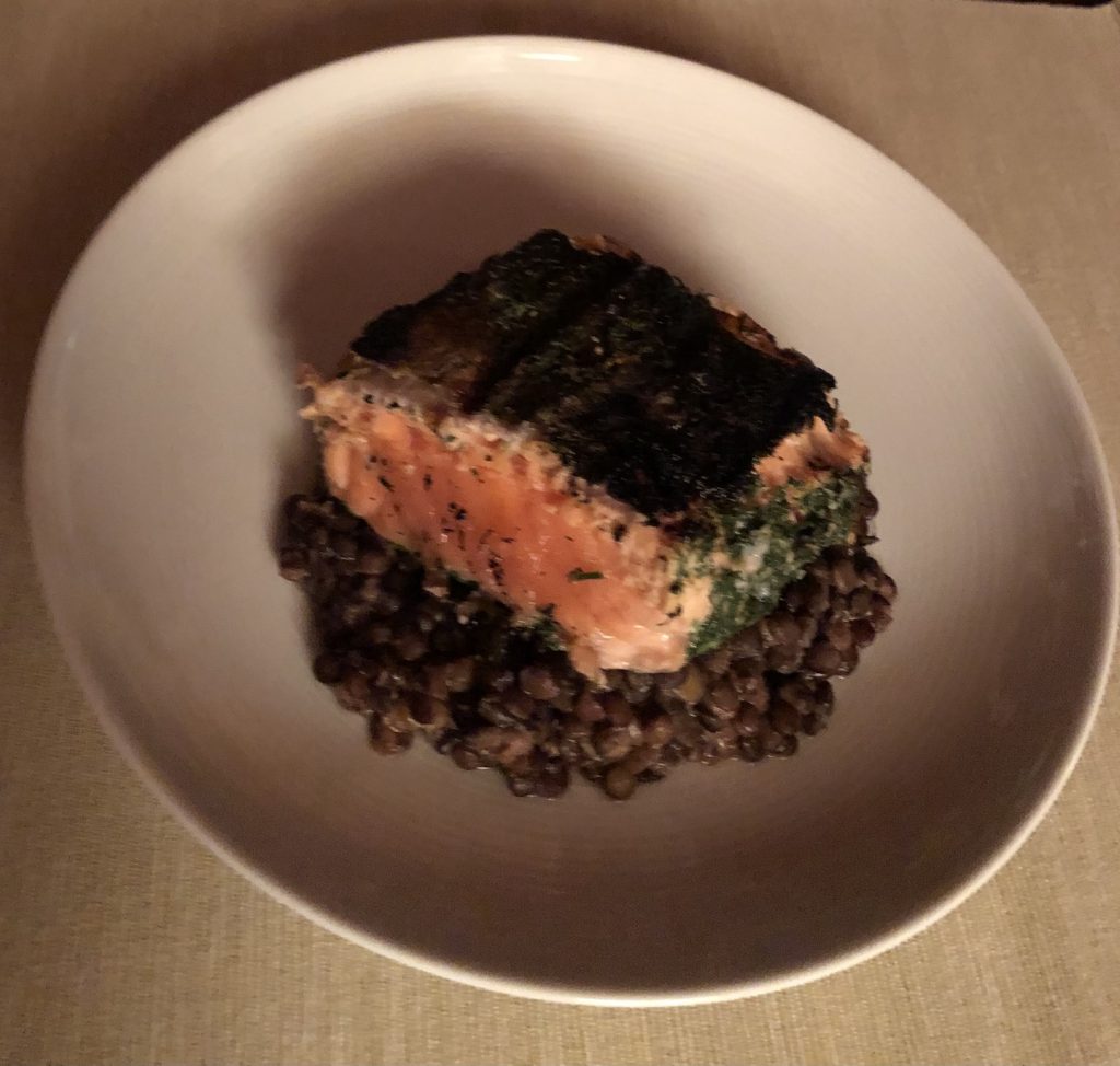 Grilled Gravlax Salmon with warm French lentil Salad
