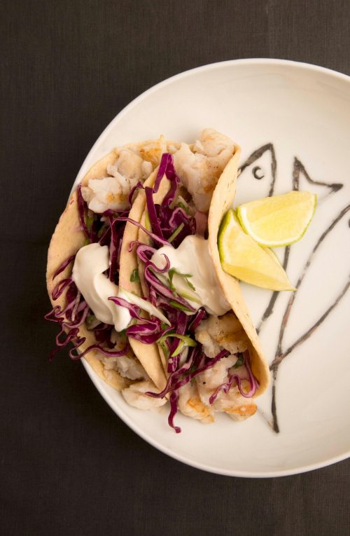 Fish tacos with red cabbage slaw